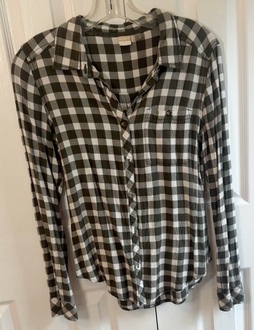 Roxy Olive Gingham Check Shirt — Long Sleeve — Size M
